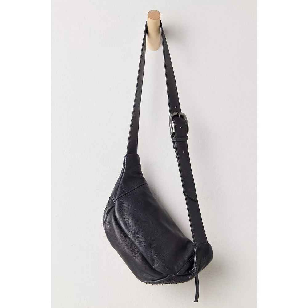 NWT!! FREE PEOPLE Black Leather Ana Adorned Sling Bag Solid Studded Embellished - Picture 16 of 16
